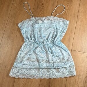 Vtg 70s 80s Womens Nightgown M Blue Satin Babydoll Slip Dress Fairy Coquette USA